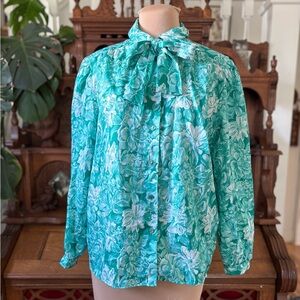 Retro Vintage 70s Green Floral Bow Neck Blouse Size L/XL